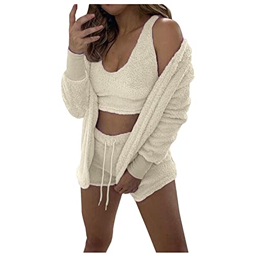 Schlafanzug Damen Kurz 3-teiliges Sexy Solid Plush Pyjamas Set Loungewear-Outfits Crop Tops mit U-Ausschnitt und hoher Taille Hose mit offener Vorderseite und offener Strickjacke Hausanzug Loungewear von FGUUTYM