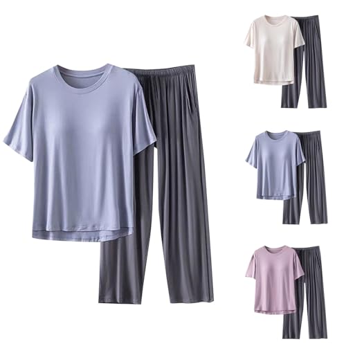 Schlafanzug Damen Zweiteiliger Hausanzug Pyjama Sommer Kurzärmeliges Nachthemd mit integriertem BH Nachtwäsche Baumwolle T Shirt und Lang Schlafanzughosen Loungewear Schlafanzüge für Damen Sleepwear von FGUUTYM