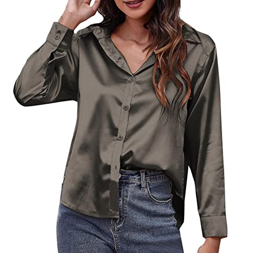 Seidenbluse Damen Elegant V-Ausschnitt Longbluse Langarm Blusenshirt Knopfleiste Satin Hemdbluse Festliche Blusen Modern Seide Langarmshirt Einfarbig Arbeit Damenblusen Hemdblusen Hemd Oberteile von FGUUTYM