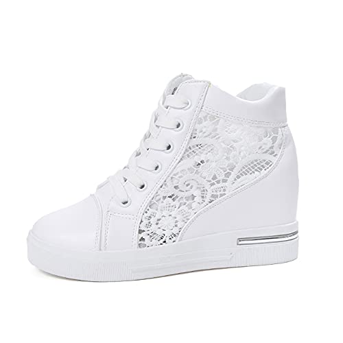 Stickerei Spitze Blumenmuster Ausgehöhlt Schnürschuhe High-Heel-Sneaker,Atmungsaktive High Top Turnschuhe Bequeme Lässige Wanderschuhe,Keilsneaker für Damen,Damen Mesh Canvas Schuhe 37-40 von FGUUTYM