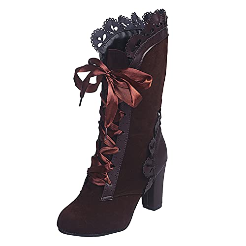 Stiefeletten Damen Mit Absatz - Schnürstiefel Viktorianische Stiefel Gothic Stiefel Vintage Schnüren Kurzschaft Stiefel Reißverschluss Lederstiefel Spitz Steampunk Ankle Stiefel Renaissance Schuhe von FGUUTYM