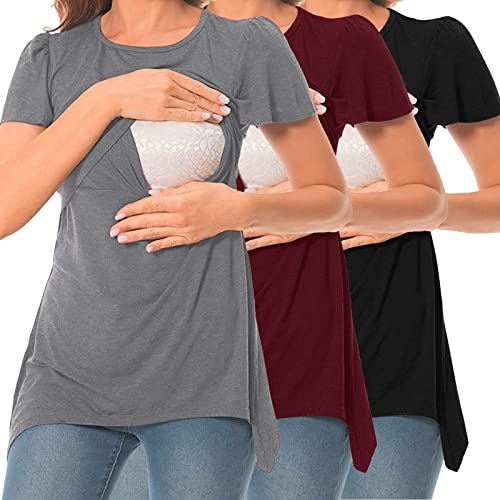 Umstands-T-Shirt mit unregelmäßigem Saum, lässig, kurzärmlig, Rundhalsausschnitt, Basic-Still-T-Shirt, Top zum Stillen, 3er-Pack Wochenbett Zubehör (Black, S) von FGUUTYM