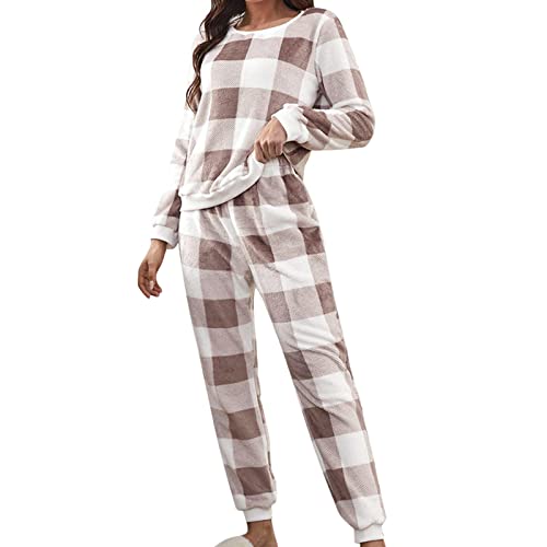 schlafanzug damen winter kuschelig langarm nachtwäsche Dicken Warm Rundhals Zweiteiler Fleece Pyjama Set kariert Hausanzug Damenschlafanzug lounge set Warm Flanell Lang Plüsch Herbst Winter Sleepwear von FGUUTYM