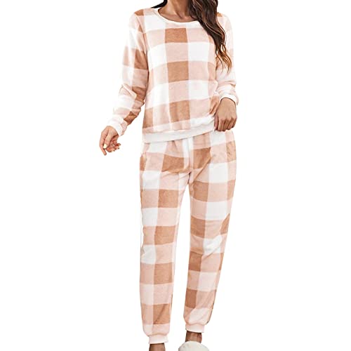 schlafanzug damen winter kuschelig langarm nachtwäsche Dicken Warm Rundhals Zweiteiler Fleece Pyjama Set kariert Hausanzug Damenschlafanzug lounge set Warm Flanell Lang Plüsch Herbst Winter Sleepwear von FGUUTYM