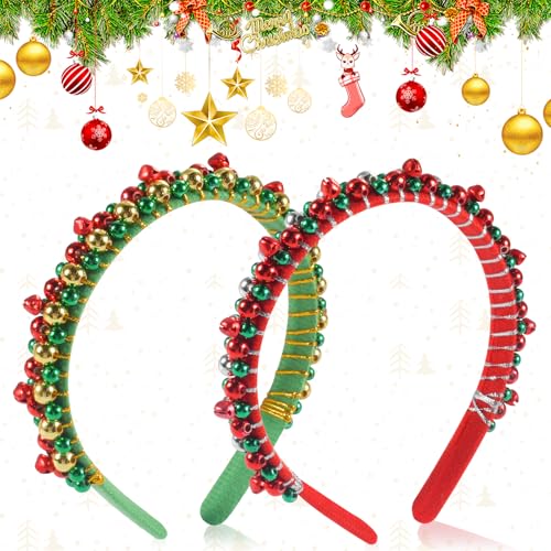 2 Stück Weihnachts Kopfschmuck,Weihnachtsstirnband,Haarreif weihnachten,Weihnachts Accessoire,Mit Glöckchen Stirnbänder,Für Kinder,Mädchen,Damen(Rot&Grün) von FGen
