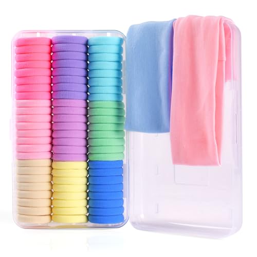 FHALLYNN Haargummis für Mädchen, Stirnbänder-Set mit 72 weichen Haargummis und Pferdeschwanz-Haltern, 2 elastische Stirnbänder für Frauen, alle verpackt in einer Kunststoff-Balkenbox (4,1 cm, bunt (72 von FHALLYNN