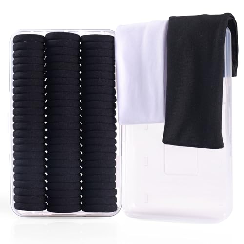 FHALLYNN Schwarze Haargummis für Damen, Stirnbänder-Set mit 72 Pferdeschwanz-Haltern und Haarbändern für Damenhaar, weiße, schwarze Stirnbänder für Damen, alle verpackt in einer von FHALLYNN