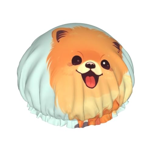 Cartoon Pomeranian Dog Shower Cap Reusable Waterproof Shower Bonnet for Women Men Elastic Band Bath Hair Hat Double Layered Washable Bath Cap for All Hairstyles, Travel Friendly von FHEBNDS