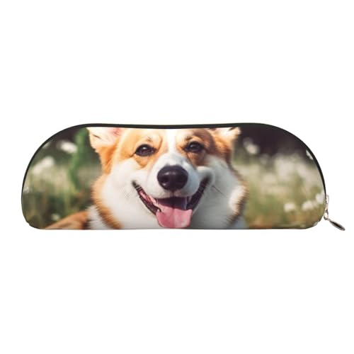 FHEBNDS Happy Corgi Make-up-Tasche für Damen und Herren, großes Federmäppchen, ästhetisches Federmäppchen, Münztasche, Leder-Kosmetiktasche mit Reißverschluss, Büro-Organizer, Reiseutensilien, Gold von FHEBNDS