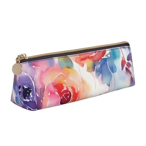 FHEBNDS Make-up-Tasche mit Aquarell-Blumenmuster für Damen und Herren, großes Federmäppchen, ästhetisches Federmäppchen, Münztasche, Leder-Kosmetiktasche mit Reißverschluss, Büro-Organizer von FHEBNDS