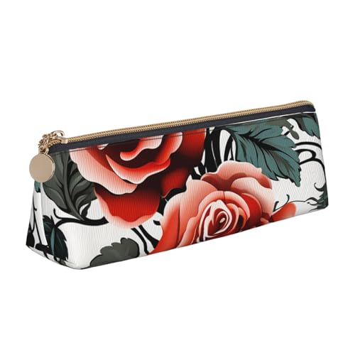 FHEBNDS Make-up-Tasche mit Blumenmuster, Rose, Efeu mit Blättern, für Damen und Herren, großes Federmäppchen, ästhetisches Federmäppchen, Münztasche, Leder-Kosmetiktasche mit Reißverschluss von FHEBNDS