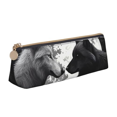 FHEBNDS Make-up-Tasche mit Wölf-Motiv "Love Under The Moon" für Damen und Herren, großes Federmäppchen, ästhetisches Federmäppchen, Münztasche, Leder-Kosmetiktasche mit Reißverschluss, Büro-Organizer von FHEBNDS