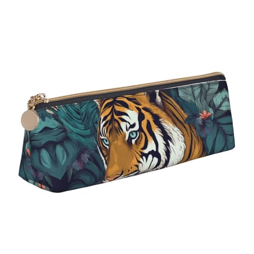 FHEBNDS Make-up-Tasche mit tropischem Tiger, großes Federmäppchen, ästhetisches Federmäppchen, Münztasche, Leder-Kosmetiktasche mit Reißverschluss, Büro-Organizer, Reiseutensilien von FHEBNDS