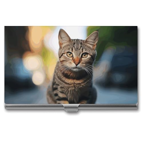 FHECVBN Visitenkartenetui, braunes getigertes Kätzchen-Motiv, Namenskartenetui, schmal, Metall, Visitenkarten-Organizer, Kreditkartenhalter, Schnalle, Verschluss für Männer und Frauen, Braunes von FHECVBN