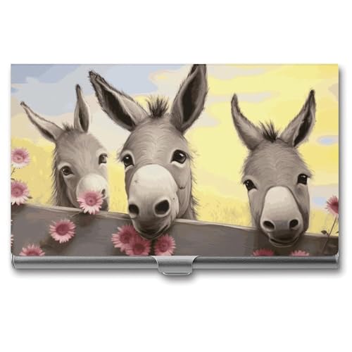 FHECVBN Visitenkartenetui mit Esel- und Blumendruck, schmal, Metall, Visitenkarten-Organizer, Kreditkartenhalter, Schnalle, für Männer und Frauen, Esel und Blume, 3.7 x 2.2 x 0.3 Inches, Casual von FHECVBN