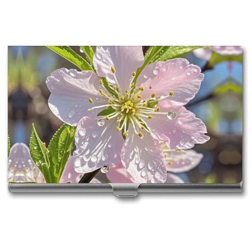 FHECVBN Visitenkartenetui mit Pfirsich-Kirschblüten-Motiv, bedruckt, für Namenskarten, schmal, Metall, Visitenkarten-Organizer, Kreditkartenhalter, Schnalle, für Männer und Frauen, von FHECVBN