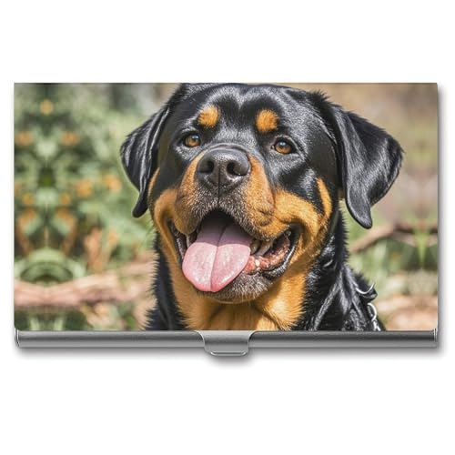 FHECVBN Visitenkartenetui mit Rottweiler-Hundezunge, bedruckt, Tasche, Namenskartenetui, schmal, Metall, Visitenkarten-Organizer, Kreditkartenhalter, Schnalle, Verschluss für Männer und Frauen, von FHECVBN