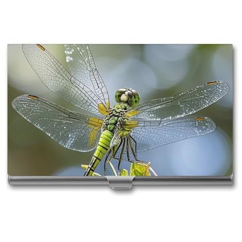 FHECVBN Visitenkartenetui mit Schmucksteinen, Libelle, bedruckt, Tasche, Namenskartenetui, schmal, Metall, Visitenkarten-Organizer, Kreditkartenhalter, Schnalle, für Männer und Frauen, Libelle mit von FHECVBN