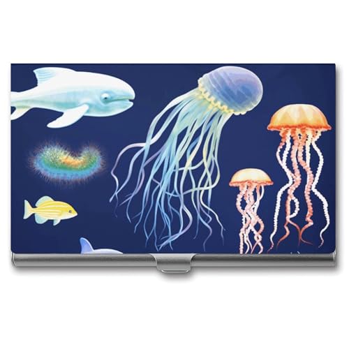 FHECVBN Visitenkartenetui mit Wassermotiv und Meerestiermotiv, bedruckt, schmal, Metall, Visitenkarten-Organizer, Kreditkartenhalter, Schnalle, für Männer und Frauen, Wassertiere, 3.7 x 2.2 x 0.3 von FHECVBN
