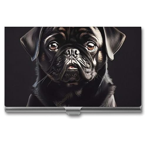 FHECVBN Visitenkartenhalter, niedlicher schwarzer Mops, bedruckt, Tasche, Namenskartenetui, schmal, Metall, Visitenkarten-Organizer, Kreditkartenhalter, Schnalle, für Männer und Frauen, Süßer von FHECVBN