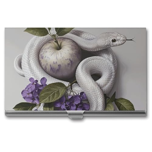 FHECVBN Visitenkartenhalter, weiße Schlange und Blume, bedruckt, Tasche, Namenskartenetui, schmal, Metall, Visitenkarten-Organizer, Kreditkartenhalter, Schnalle, Verschluss für Männer und Frauen, von FHECVBN
