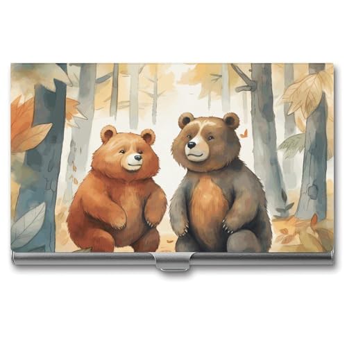 FHECVBN Visitenkartenhalter Bär im Wald bedruckte Tasche Namenskartenetui Slim Metall Visitenkarten-Organizer Kreditkartenhalter Schnalle Stil Verschluss für Männer Frauen Agenten Bär aus Holz, 9,4 x von FHECVBN