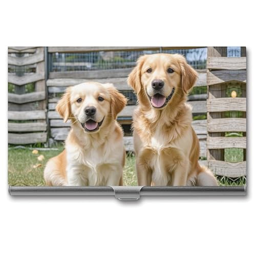 FHECVBN Visitenkartenhalter Golden Retriever Hunde Welpen Haustiere Bedruckte Tasche Namenskartenetui Slim Metall Visitenkartenorganizer Kreditkartenhalter Schnalle Stil Verschluss für Männer Frauen von FHECVBN