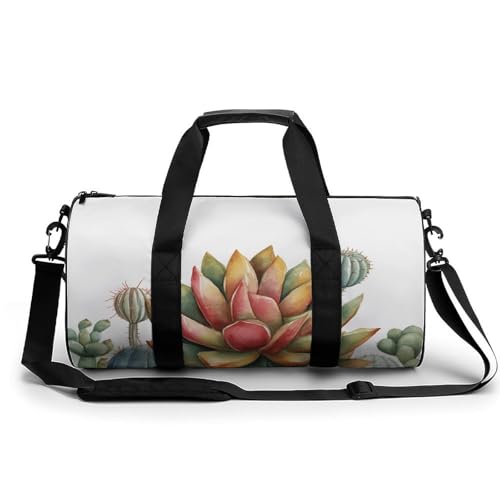 Sporttasche Turnbeutel Turnbeutel Zylindrisch - Wasserdichtes Oxford-Gewebe mit verstellbarem Schultergurt | Multi-Fach Sport Duffel für Gym, Reisen, Yoga | Leicht & Langlebig, Aquarell-Sukkulente, von FHEDMN