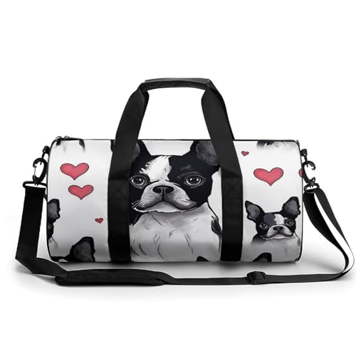 Sporttasche Turnbeutel Turnbeutel Zylindrisch - Wasserdichtes Oxford-Gewebe mit verstellbarem Schultergurt | Multi-Fach Sport Duffel für Gym, Reisen, Yoga | Leicht & Langlebig, Boston Terrier Herz von FHEDMN