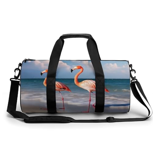 Sporttasche Turnbeutel Turnbeutel Zylindrisch - Wasserdichtes Oxford-Gewebe mit verstellbarem Schultergurt | Multi-Fach Sport Duffel für Gym, Reisen, Yoga | Leicht & Langlebig, Flamingo am Strand, von FHEDMN