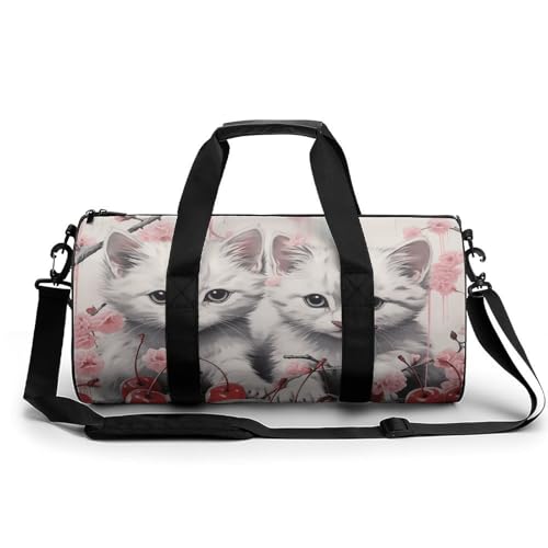 Sporttasche Turnbeutel Turnbeutel Zylindrisch - Wasserdichtes Oxford-Gewebe mit verstellbarem Schultergurt | Multi-Fach Sport Duffel für Gym, Reisen, Yoga | Leicht & Langlebig, Katze und Kirsche, von FHEDMN