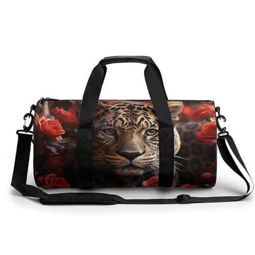 Sporttasche Turnbeutel Turnbeutel Zylindrisch - Wasserdichtes Oxford-Gewebe mit verstellbarem Schultergurt | Multi-Fach Sport Duffel für Gym, Reisen, Yoga | Leicht & Langlebig, Rote Rose und Tiger, Sporttasche Turnbeutel Turnbeutel Zylindrisch - Wasserdichtes Oxford-Gewebe mit verstellbarem Schultergurt | Multi-Fach Sport Duffel für Gym, Reisen, Yoga | Leicht & Langlebig, Rote Rose und Tiger, von FHEDMN