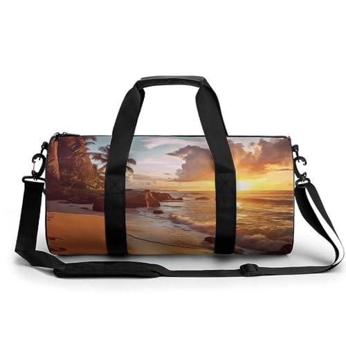 Sporttasche Turnbeutel Turnbeutel Zylindrisch - Wasserdichtes Oxford-Gewebe mit verstellbarem Schultergurt | Multi-Fach Sport Duffel für Gym, Reisen, Yoga | Leicht & Langlebig, Tropischer Strand bei von FHEDMN