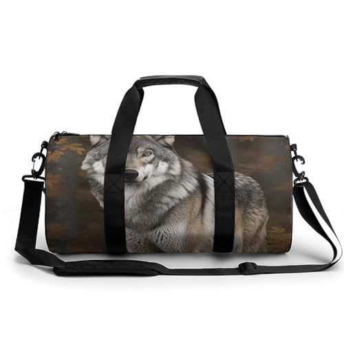 Sporttasche Turnbeutel Turnbeutel Zylindrisch - Wasserdichtes Oxford-Gewebe mit verstellbarem Schultergurt | Multi-Fach Sport Duffel für Gym, Reisen, Yoga | Leicht & Langlebig, Wild Wild Grey Wolf, von FHEDMN