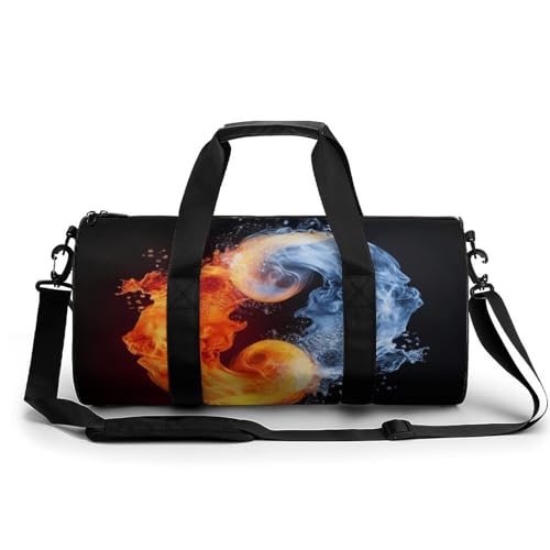 Sporttasche Turnbeutel Turnbeutel Zylindrisch - Wasserdichtes Oxford-Gewebe mit verstellbarem Schultergurt | Multi-Fach Sport Duffel für Gym, Reisen, Yoga | Leicht & Langlebig, Yin Yang Feuerwasser, von FHEDMN