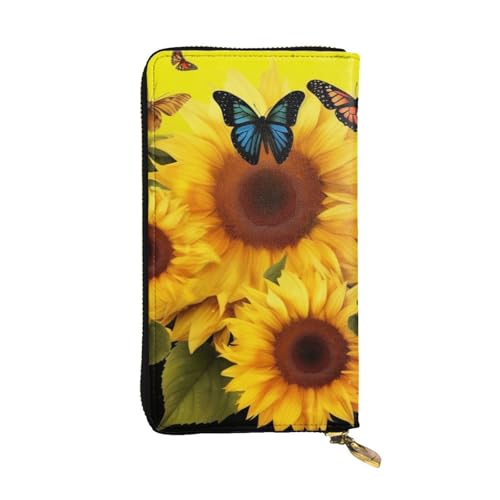 FHEDVBN Geldbörse mit Sonnenblumen-Motiv und Schmetterlingen für Männer und Frauen, lange Geldbörse, Leder, Clutch, große Business-Handtasche, Reise-Handyhalter, Kreditkartenhalter, Geldtasche mit von FHEDVBN
