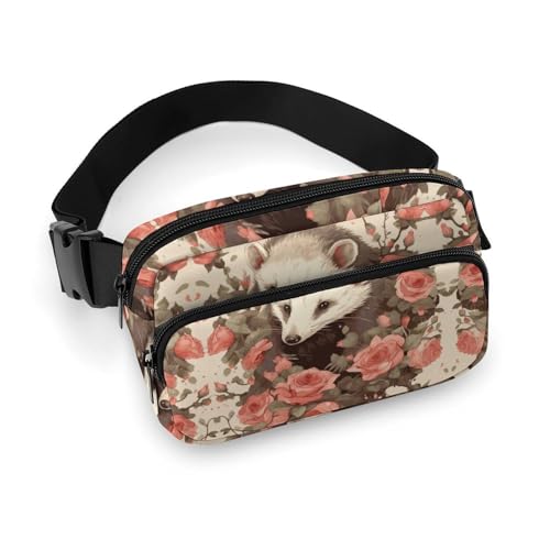 Bauchtasche für Herren und Damen, Opossum und Rosen, leichte Hüfttasche, voll bedruckt, mit verstellbarem Gurt, für Laufen, Wandern, Reisen, Stil, 20 x 13 cm, Stil:, 20x13cm von FHESDCW