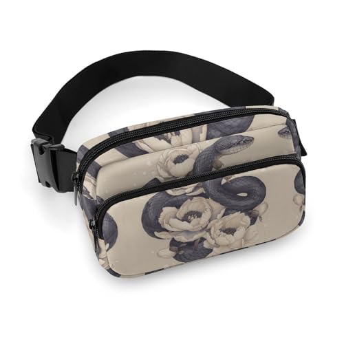 Bauchtasche für Herren und Damen, schwarze Schlange und Blume, leichte Gürteltasche, voll bedruckt, mit verstellbarem Gurt, für Laufen, Wandern, Reisen, Stil, 20 x 13 cm, Stil:, 20x13cm von FHESDCW