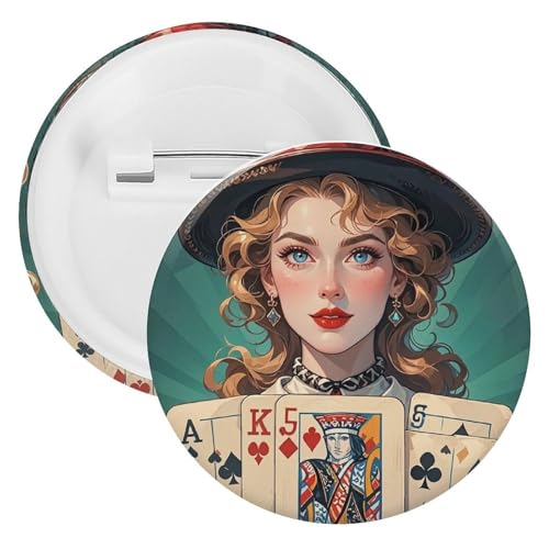Damen Pokerkarten Abzeichen Metall Runde Pins Leichte Brosche für Rucksack Mode Button Pins Abzeichen für Hemden Jacken Schal Mantel Unisex, 5 Stück, Weißblech, Runde Metallnadeln von FHESDCW