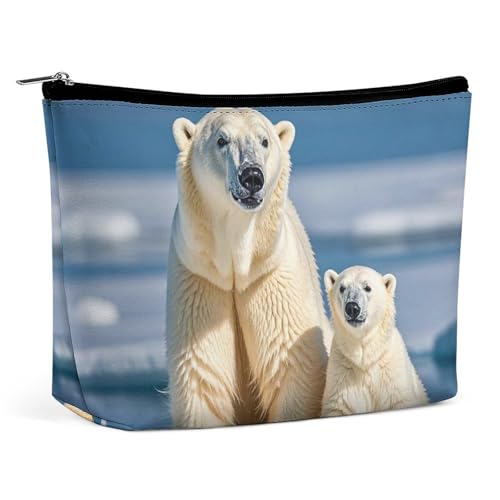FHESDCW 2 Eisbären-Make-up-Tasche für Damen, PU-Leder, wasserdichte Kosmetiktasche mit Reißverschluss, tragbarer Reise-Make-up-Organizer von FHESDCW