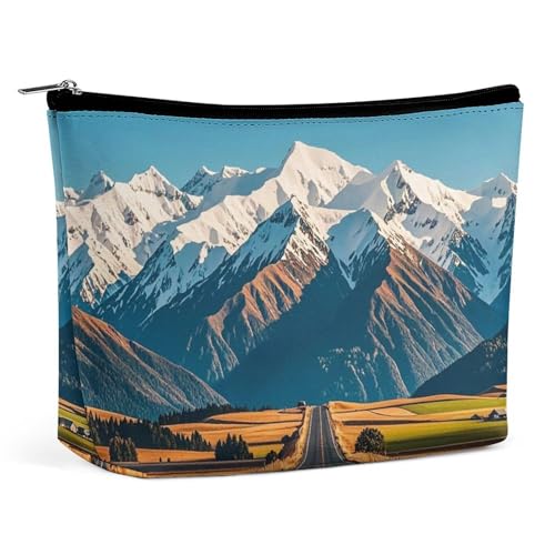 FHESDCW Alpine Snowy Mountain Make-up-Tasche für Damen, PU-Leder, wasserdichte Kosmetiktasche mit Reißverschluss, tragbarer Reise-Make-up-Organizer von FHESDCW