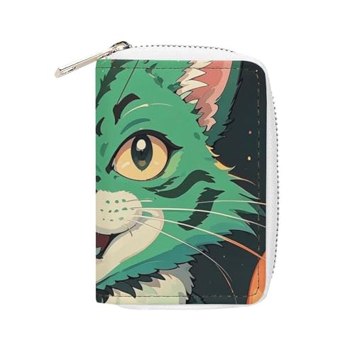 FHESDCW Anime Green Cat Kartenetui für Männer und Frauen, Leder Kreditkartenetui mit 20 Kartenfächern, kleine Geldbörse mit Reißverschluss von FHESDCW