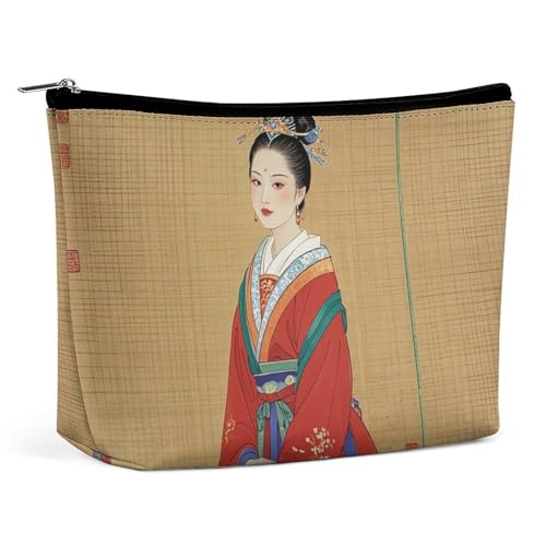 FHESDCW Asiatische Make-up-Tasche für Damen, PU-Leder, wasserdicht, Kosmetiktasche mit Reißverschluss, tragbarer Reise-Make-up-Organizer von FHESDCW