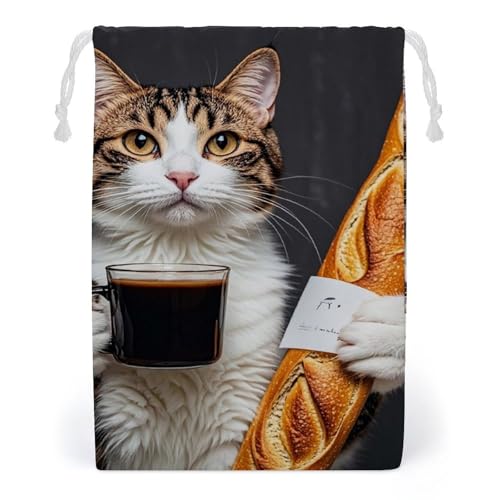 FHESDCW Beutel mit Kordelzug, Motiv: Katzenbrot, Kaffee, Leinwand, wiederverwendbare Reise-Schmuckbeutel, waschbare Aufbewahrungsbeutel für Geschenk, Süßigkeiten, Kosmetik, 12 x 18 cm von FHESDCW