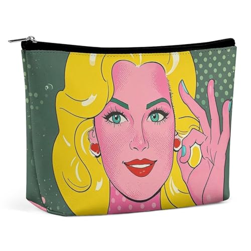 FHESDCW Blonde Make-up-Tasche für Damen, PU-Leder, wasserdicht, Kosmetiktasche mit Reißverschluss, tragbarer Reise-Make-up-Organizer von FHESDCW