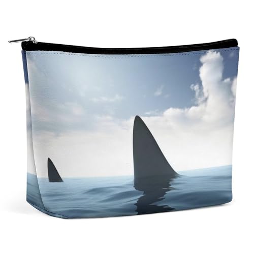 FHESDCW Blue Fish Make-up-Tasche für Damen, PU-Leder, wasserdicht, Kosmetiktasche mit Reißverschluss, tragbarer Reise-Make-up-Organizer von FHESDCW