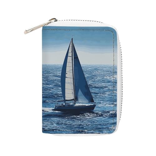 FHESDCW Blue Sea Segelboot-Kartenetui für Herren und Damen, Leder, Kreditkartenetui mit 20 Kartenfächern, kleine Geldbörse mit Reißverschluss von FHESDCW