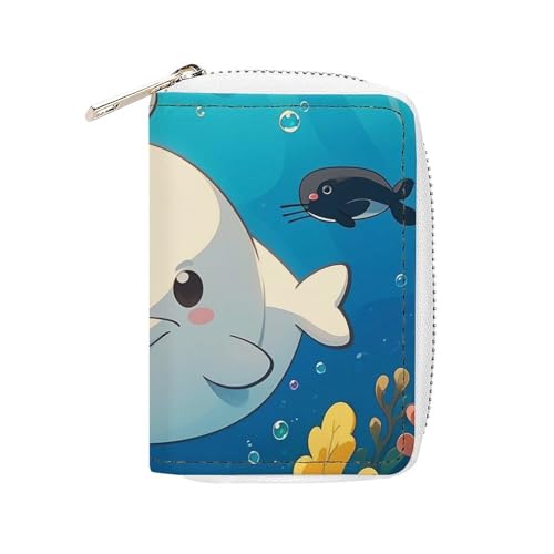 FHESDCW Cartoon-Weißwal-Kartenetui für Männer und Frauen, Leder-Kreditkartenetui mit 20 Kartenfächern, kleine Geldbörse mit Reißverschluss von FHESDCW
