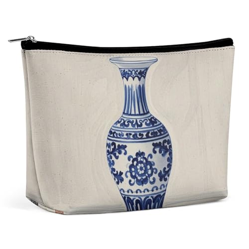 FHESDCW Chinesische blaue Porzellan-Vase, Make-up-Tasche für Damen, PU-Leder, wasserdichte Kosmetiktasche mit Reißverschluss, tragbarer Reise-Make-up-Organizer von FHESDCW