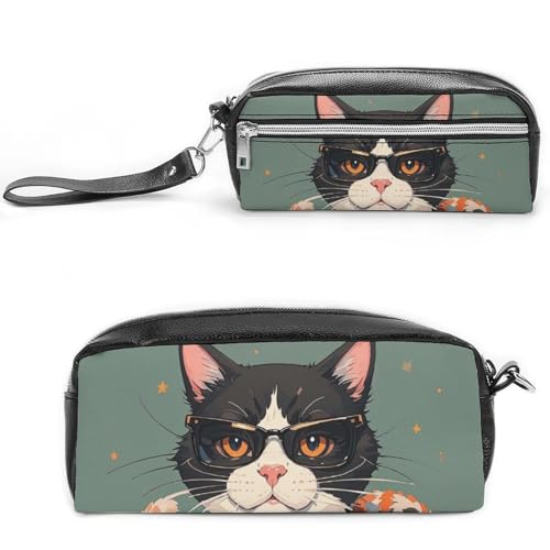 FHESDCW Cool Rich Gangster Boss Cat Federmäppchen Große Kapazität mit Reißverschluss, Hängende Wasserdichte Kosmetiktasche für Reisen, Vintage Leder Federmäppchen für Damen Herren von FHESDCW